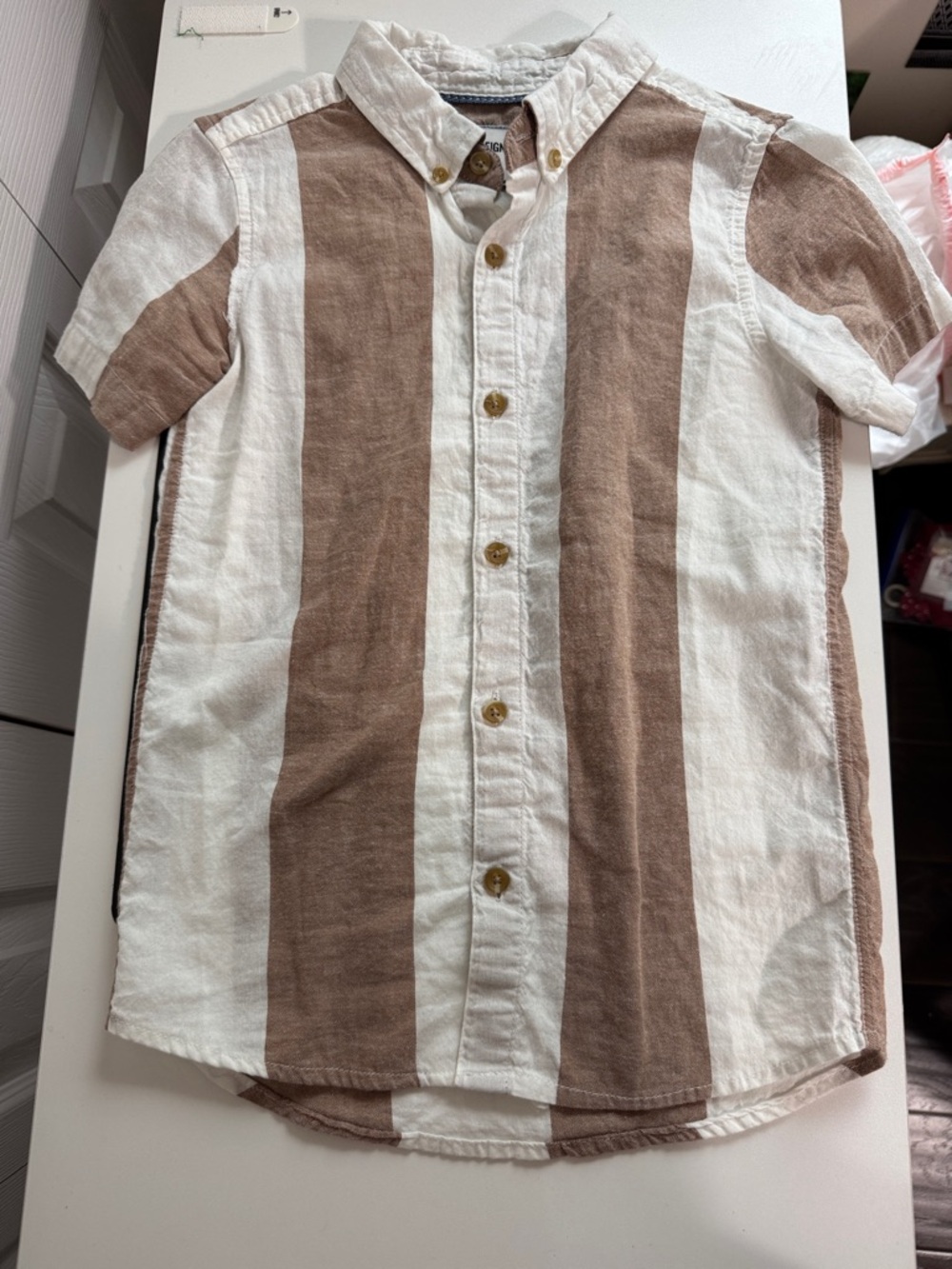 Kids Striped Button-Up Short Sleeve Shirt - Brown & White